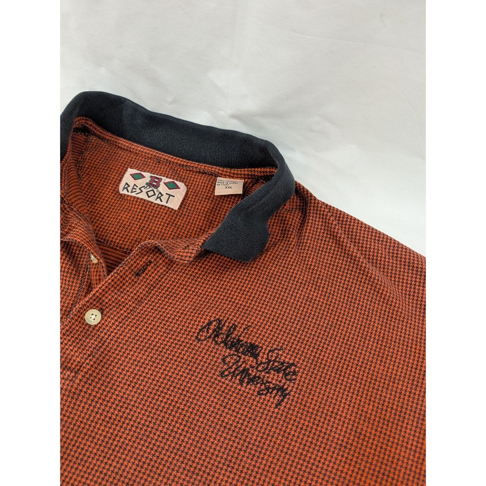 VTG Oklahoma State Polo Shirt BOA Men XXL Orange Short Sleeve Cotton Houndstooth